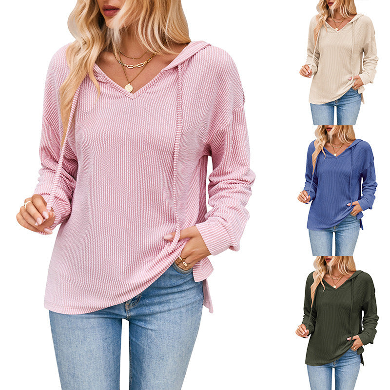 Damen lässiger Sweater mit V-Ausschnitt und Kordelzug