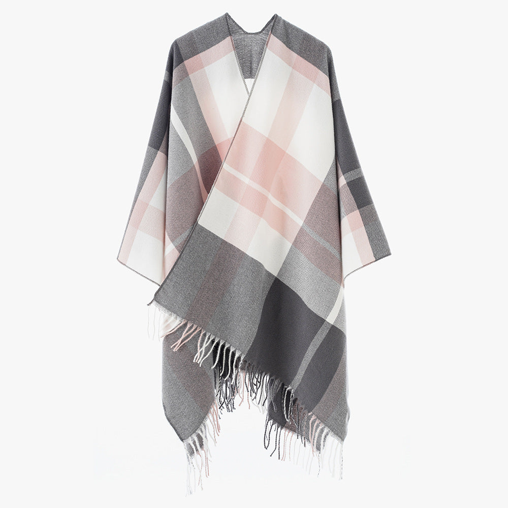 Damen Oversize-Karoponcho aus weichem Wollmix mit Fransensaum Shop Nory