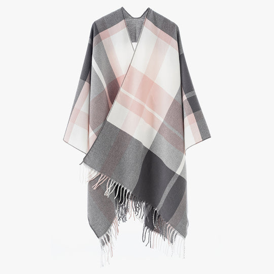 Damen Oversize-Karoponcho aus weichem Wollmix mit Fransensaum Shop Nory