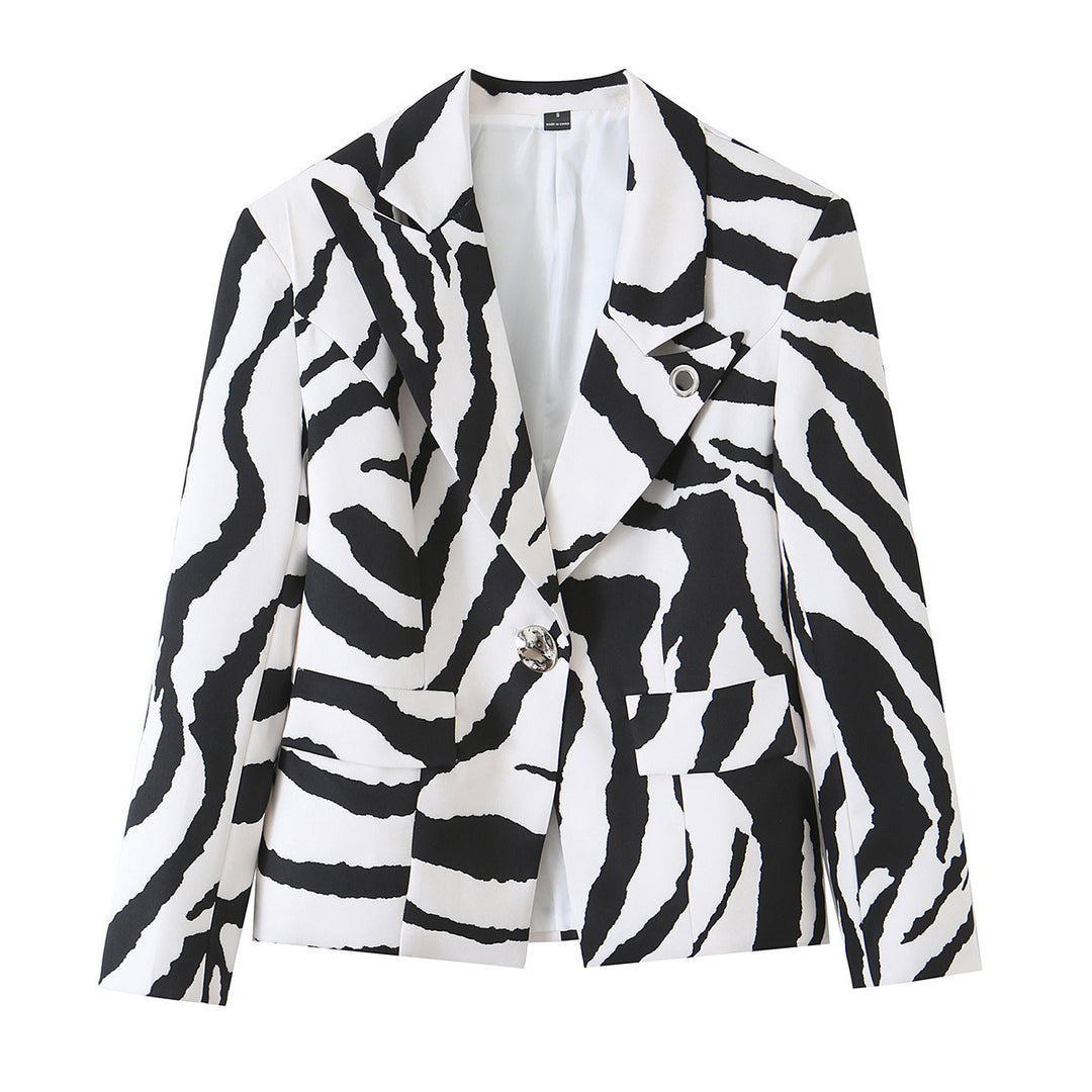 Damen Statement-Zebra-Blazer mit Reverskragen und taillierter Silhouette Shop Nory
