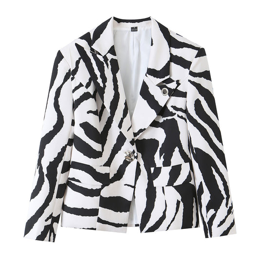 Damen Statement-Zebra-Blazer mit Reverskragen und taillierter Silhouette Shop Nory