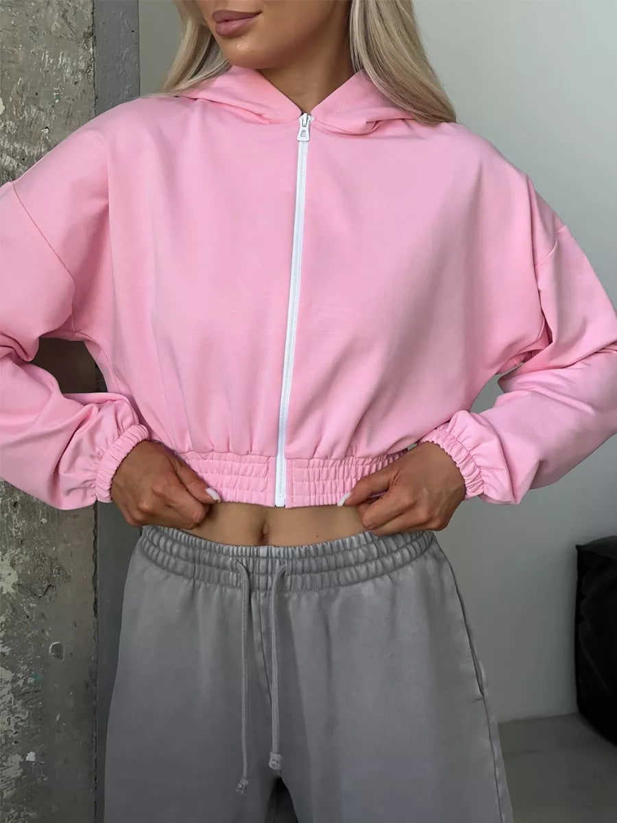 Damen Kurzgeschnittene Kapuzenjacke mit Reißverschluss, elastischem Bund und legerer Passform Shop Nory