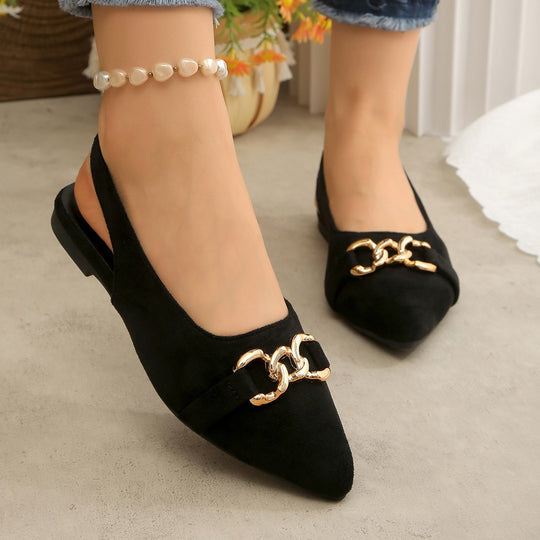 Damen Ballerinas mit Fersenriemen, spitzer Kappe und goldener Kettenverzierung Shop Nory