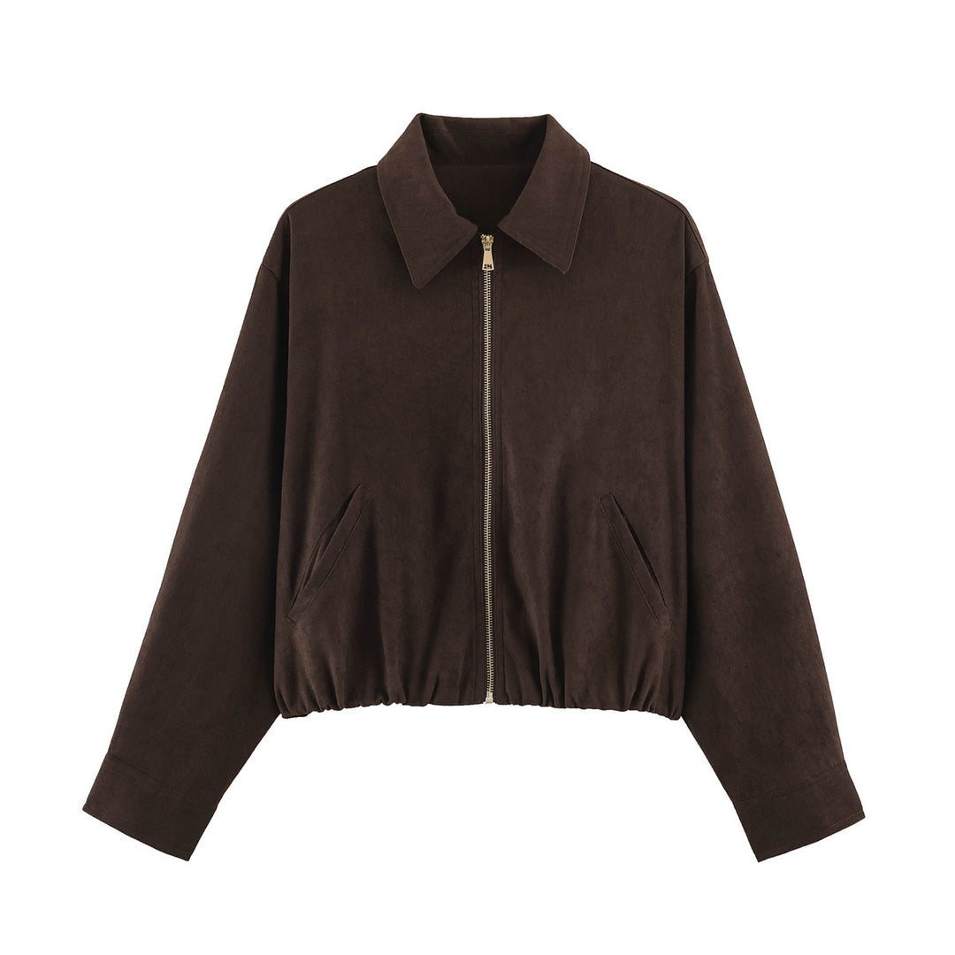 Damen Kurzgeschnittene Bomberjacke mit Reißverschluss, Hemdkragen und elastischem Saum Shop Nory