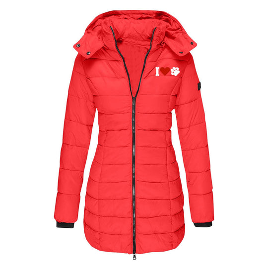 Damen nan gesteppte Steppjacke mit Kapuze, taillierter Silhouette und Herz-Pfoten-Print Shop Nory