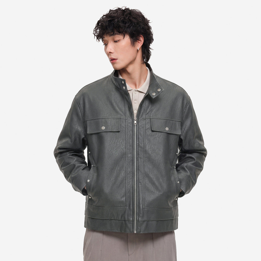Herren Lederjacke im Fieldstil mit Stehkragen, Brustklappen und Reißverschluss Shop Nory