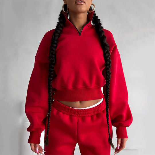 Damen Zweiteiliges Cropped-Halbzip-Sweatset mit Stehkragen und elastischer High-Waist-Jogginghose Shop Nory