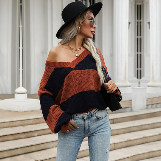 Damen Gestreifter Oversize V‑Ausschnitt Pullover im Grobstrick Shop Nory