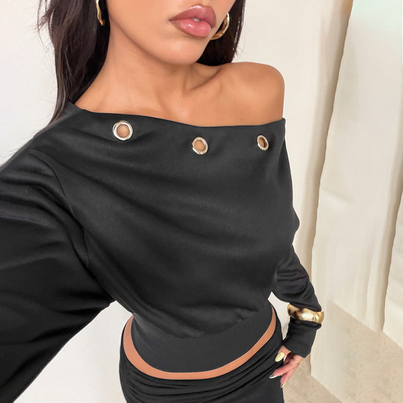Damen schulterfreier Feinstrick-Pullover mit Ösen-Detail und tailliertem Rippbund Shop Nory