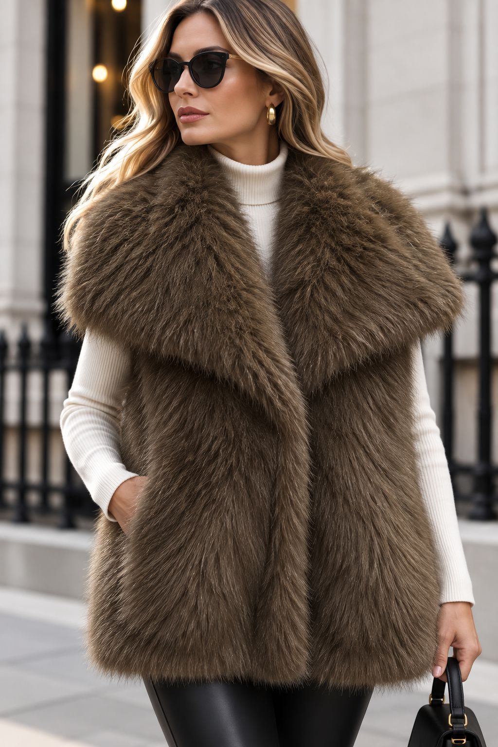 Damen Ärmellose Luxus‑Faux‑Fur‑Weste mit extraweichem Langflor und übergroßem Schalkragen Shop Nory