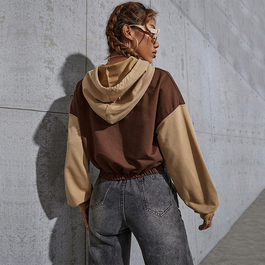 Damen Kurz geschnittener Cropped-Hoodie mit Colorblock-Ärmeln, Tunnelzug und elastischem Saum Shop Nory