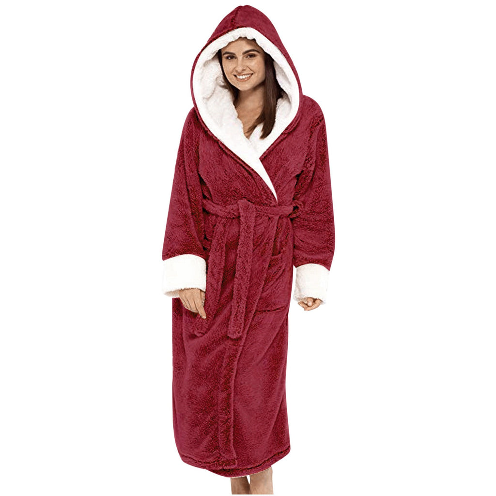 Damen Kuscheliger Fleece-Morgenmantel mit Kapuze und Gürtel ShopNory