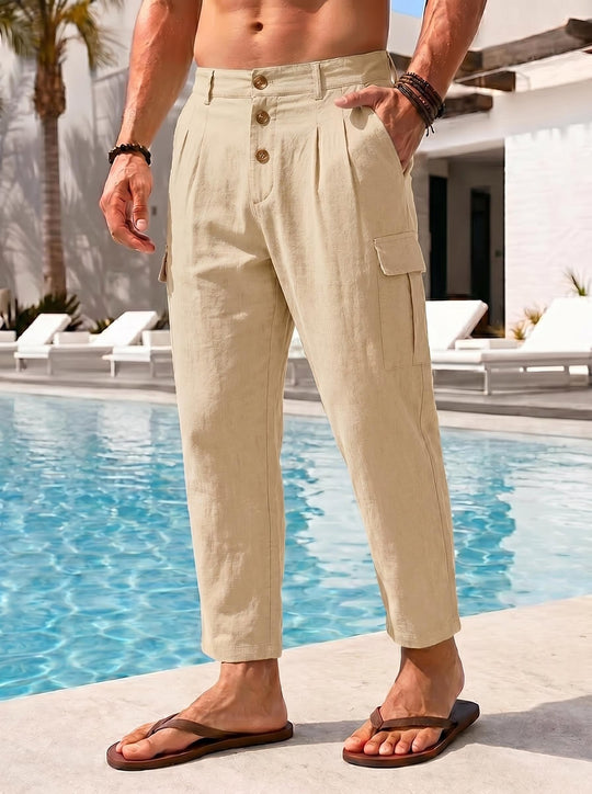 Herren lässige Leinen-Cargo-Chino mit Knopfleiste, Bundfalten und gekürzter Knöchellänge Shop Nory