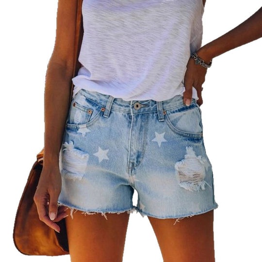 Damen Jeans-Shorts im stylischen Destroyed-Look mit Sternenmotiven