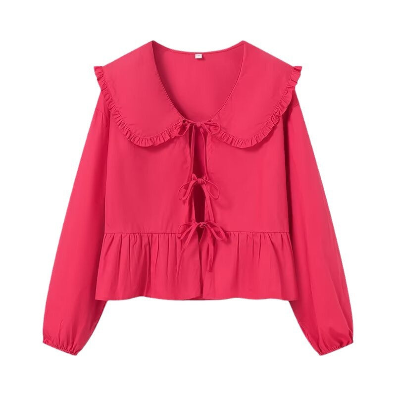 Damen Rüschige Cropped-Bluse mit übergroßem Kragen, Bindebändern und tailliertem Peplum Shop Nory