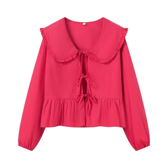 Damen Rüschige Cropped-Bluse mit übergroßem Kragen, Bindebändern und tailliertem Peplum Shop Nory