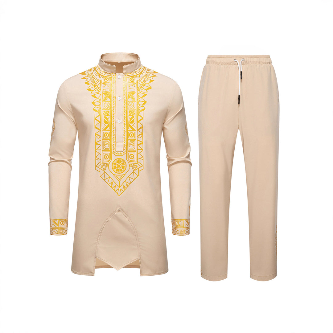 Herren Traditionelles Langarm-Kurta-Set mit Stehkragen, goldfarbenem Ornamentdruck und Tunnelzughose Shop Nory