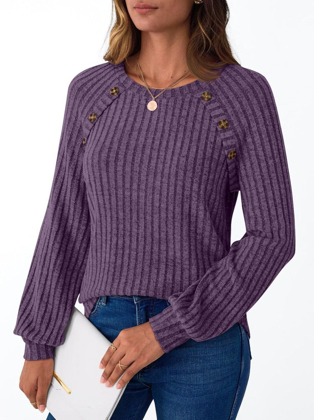Damen Gerippter Strickpullover mit Zierknopfleiste an Raglanärmeln Shop Nory