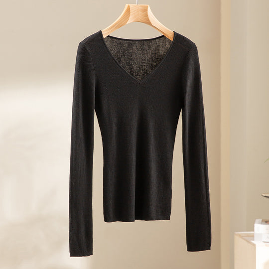Damen Feiner Rippenstrickpullover mit tiefem V-Ausschnitt und taillierter Passform Shop Nory