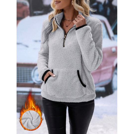 Damen flauschiger Fleece-Kuschelpullover mit halbem Reißverschluss, Kängurutasche und Stehkragen Shop Nory