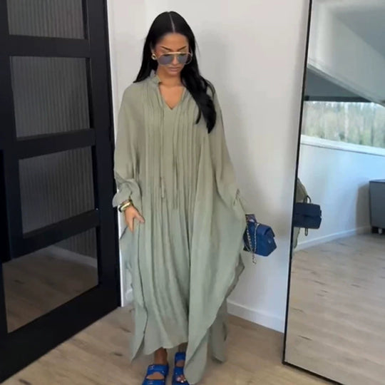 Damen Maxikleid im Kaftan-Stil mit Rüschenkragen, Bindebändern und voluminösen Ärmeln Shop Nory