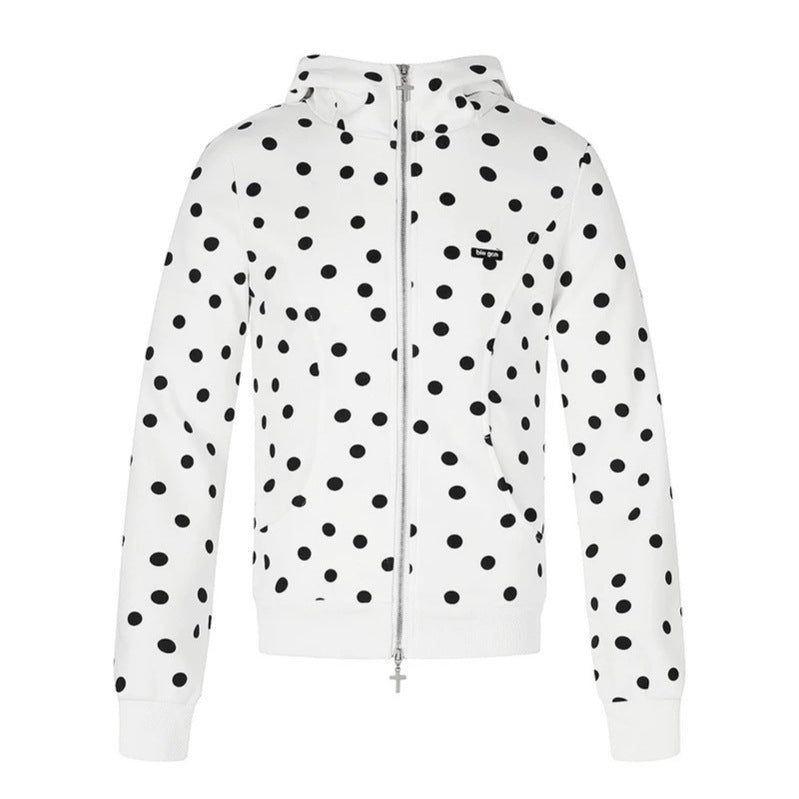 Damen Figurnahe Kapuzen‑Sweatjacke mit Punktmuster, Metall-Frontreißverschluss und Kängurutaschen Shop Nory