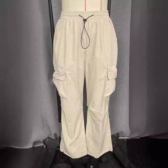 Damen lockere Cargo-Hose mit weitem Bein elastischem Bund und Multifunktions-Seitentaschen Shop Nory