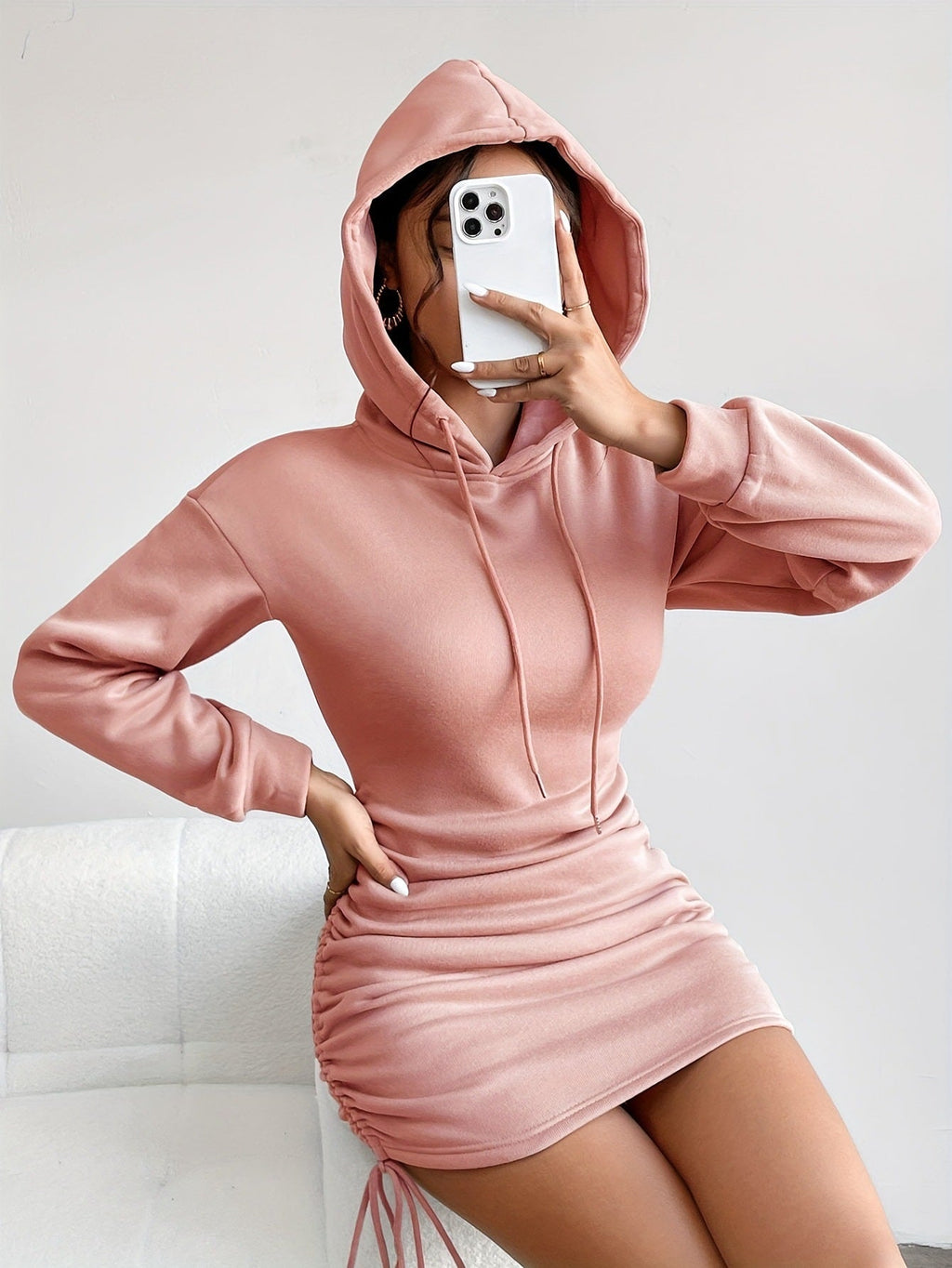 Damen Hoodie Kleid mit Raffung