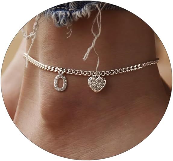 Damen Fußkettchen mit personalisiertem Buchstaben und funkelndem Herzanhänger Shop Nory