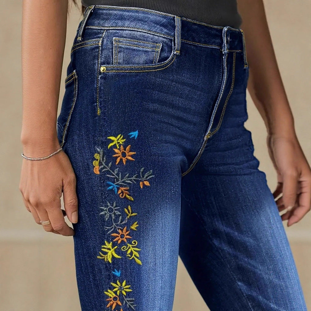 Damen Hochtaillierte Skinny-Jeans mit seitlicher Blumenstickerei Shop Nory