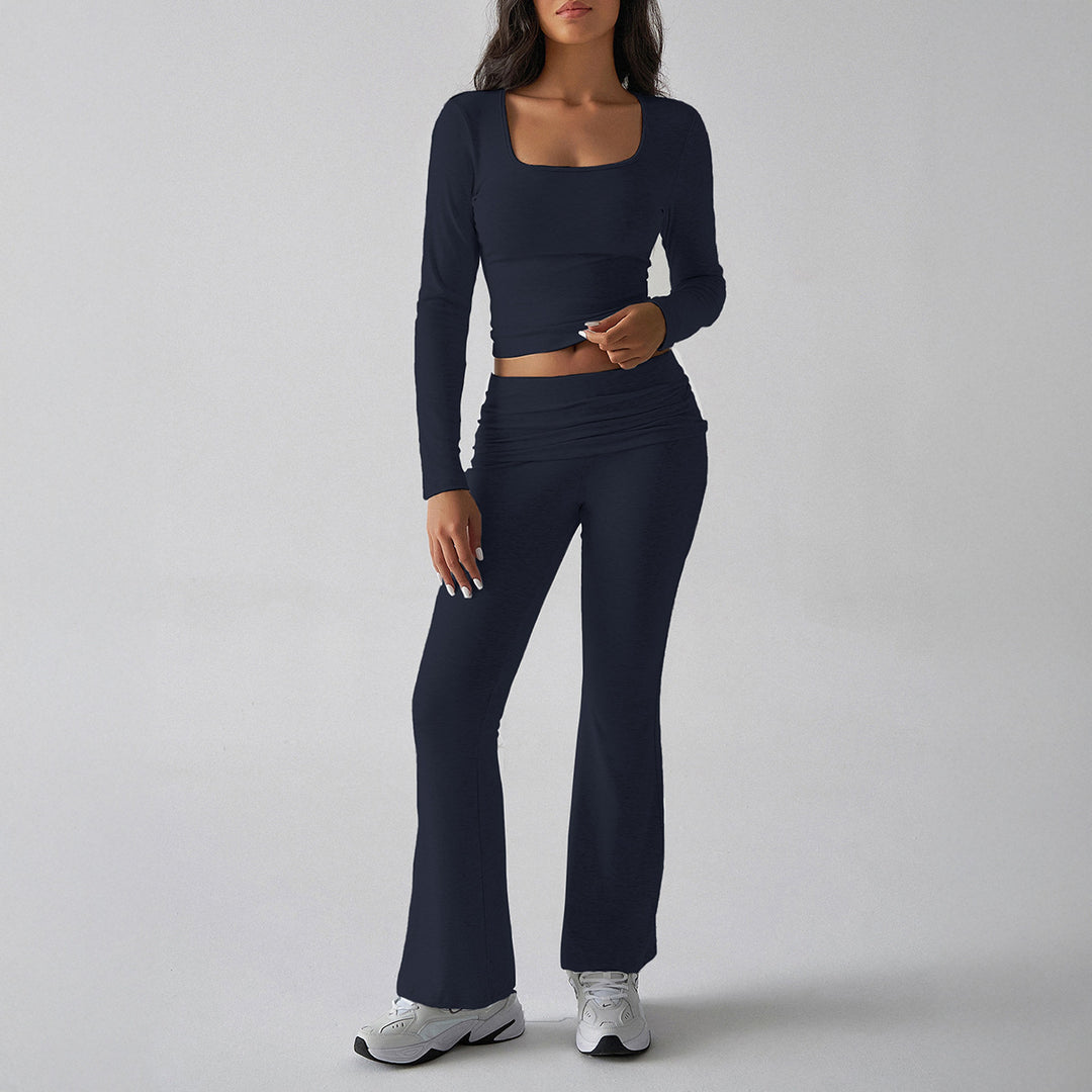 Damen nan figurbetontes Cropped-Set mit langärmeligem Top mit quadratischem Ausschnitt und ausgestellter High‑Waist Yoga-Hose Shop Nory