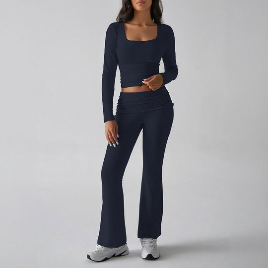 Damen nan figurbetontes Cropped-Set mit langärmeligem Top mit quadratischem Ausschnitt und ausgestellter High‑Waist Yoga-Hose Shop Nory