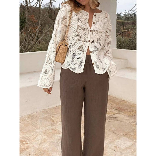 Damen Häkel-Cardigan mit Blumen‑Ajourmuster, Knopfleiste & gewelltem Saum Shop Nory