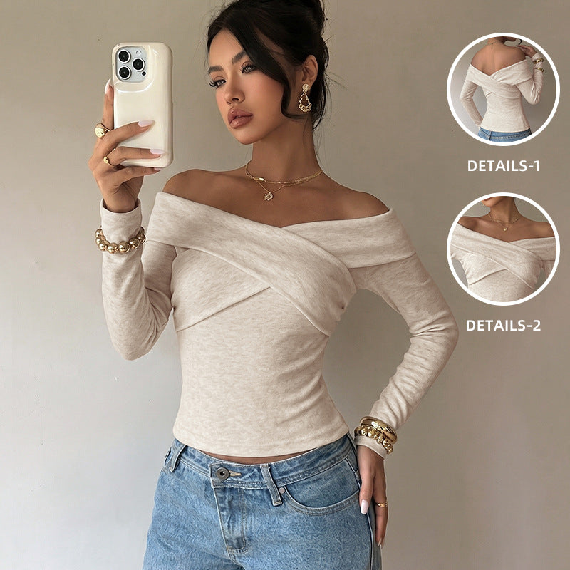 Damen Schulterfreies Wickel-Longsleeve mit Carmenkragen und taillierter Passform Shop Nory