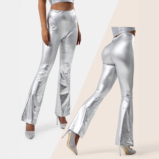 Damen High-Waist Metallic-Schlaghose mit formendem Stretchbund und eleganter Bootcut-Passform Shopy Nory