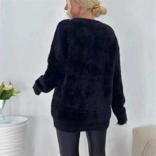 Damen Flauschiger Oversize-Knopfcardigan mit tiefem V‑Ausschnitt und aufgesetzten Taschen Shop Nory
