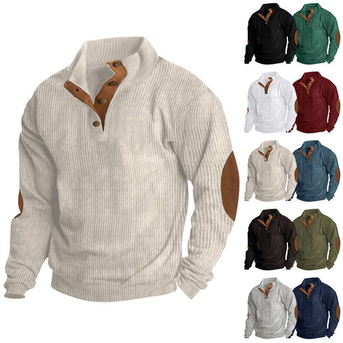 Herren Waffelstrick-Henley-Pullover mit Stehkragen und Ellbogen-Patches Shop Nory