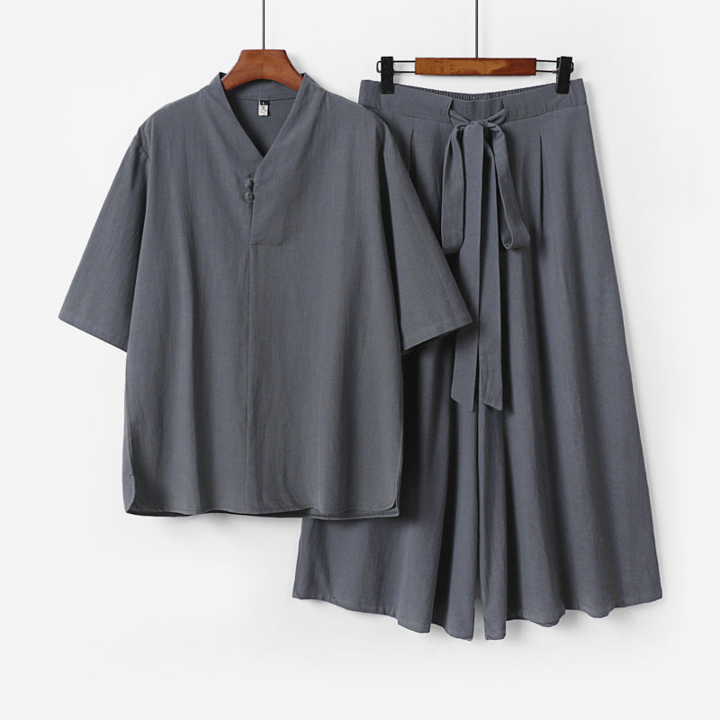 Unisex Zweiteiliges Kimono-Lounge-Set mit Stehkragen Kurzarmtop und weiter Bindbundhose Shop Nory