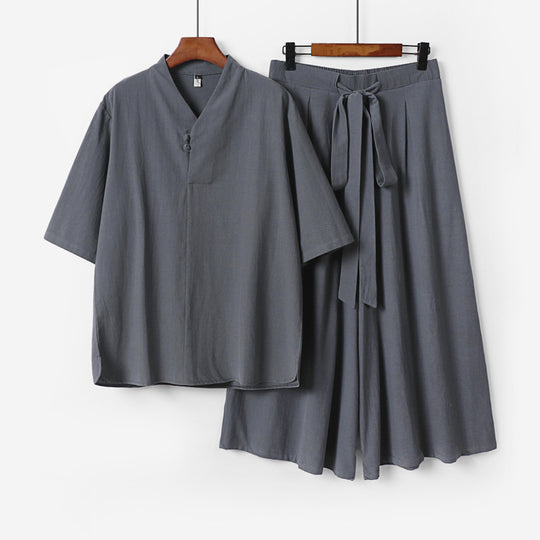 Unisex Zweiteiliges Kimono-Lounge-Set mit Stehkragen Kurzarmtop und weiter Bindbundhose Shop Nory