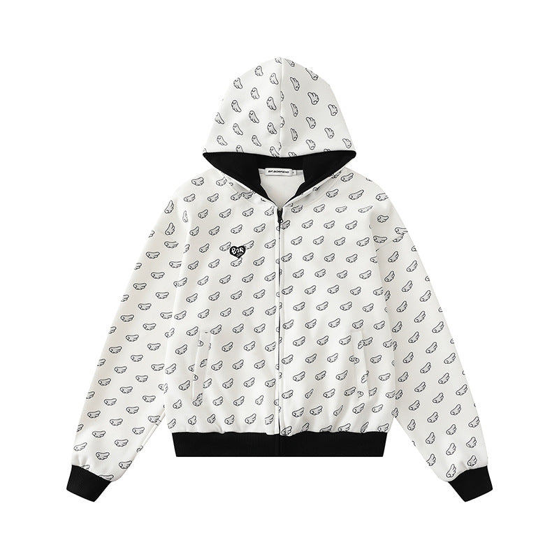 Damen Kapuzensweatjacke mit Allover‑Flügelmotiv, durchgehendem Reißverschluss und kontrastierenden Bündchen Shop Nory