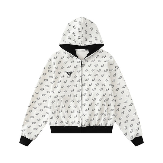 Damen Kapuzensweatjacke mit Allover‑Flügelmotiv, durchgehendem Reißverschluss und kontrastierenden Bündchen Shop Nory