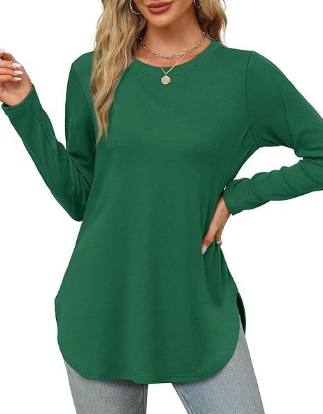 Damen Lässiges Longsleeve-Tunikaoberteil mit Rundhalsausschnitt, Seitenschlitzen und Aquarell-Blattprint Shop Nory