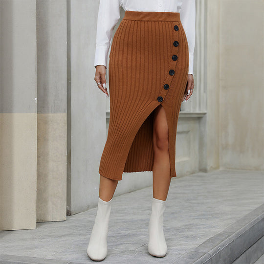 Damen Gerippter Strick-Midirock mit hoher Taille, dekorativer Knopfleiste und Seitenschlitz Shop Nory