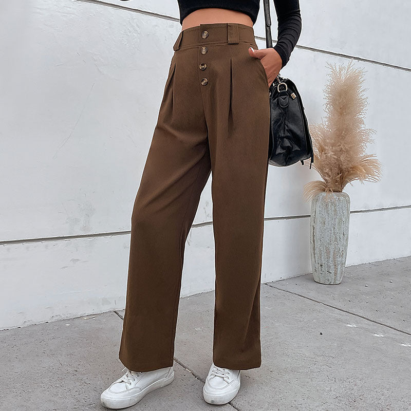 Damen Hochtaillierte weite Stoffhose mit Zierknopfleiste und Bundfalten Shop Nory