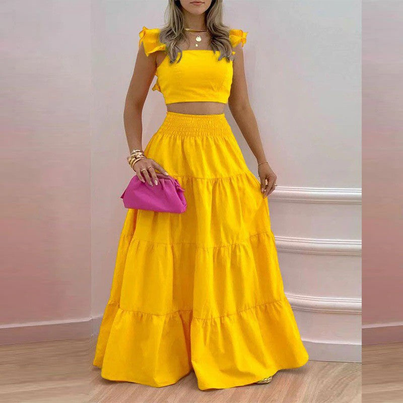 Damen Maxikleid mit voluminösem Rock und Rüschendetails