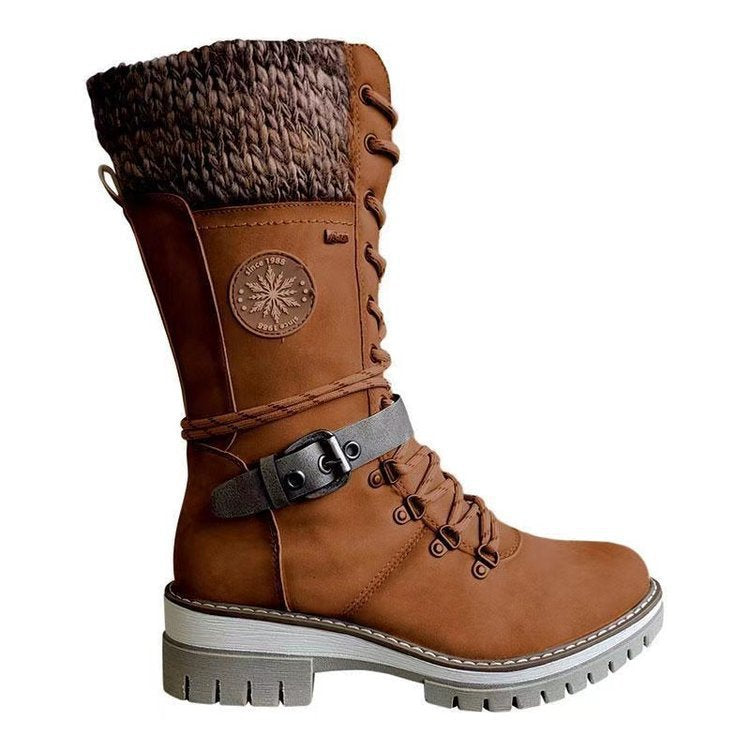Damen nan knöchel- bis wadenhohe Schnürstiefel mit gestrickter Manschette, wasserdichter Membran, dekorativer Schnallenlasche und robuster Profilsohle Shop Nory