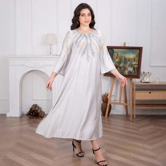 Damen Fließendes Maxikleid mit besticktem Rundhalsausschnitt und 3/4-Ärmeln Shop Nory