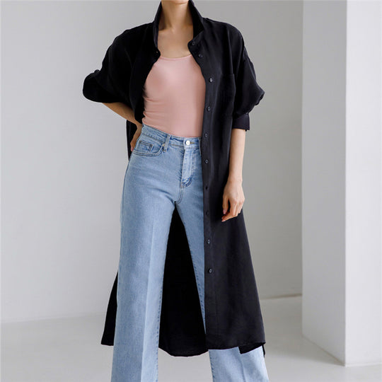 Damen Weites Oversize-Hemdblusenkleid mit Brusttasche und hohen Seitenschlitzen Shop Nory