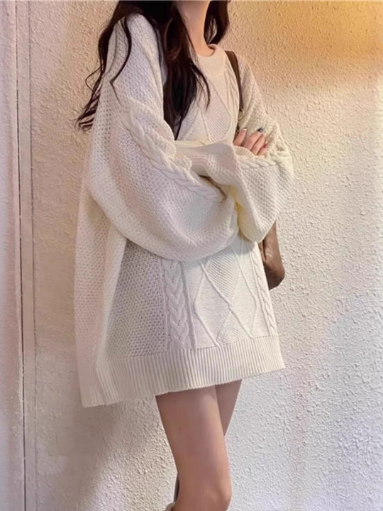 Damen Oversize Zopfmuster-Longpullover mit Rundhals und Ballonärmeln Shop Nory