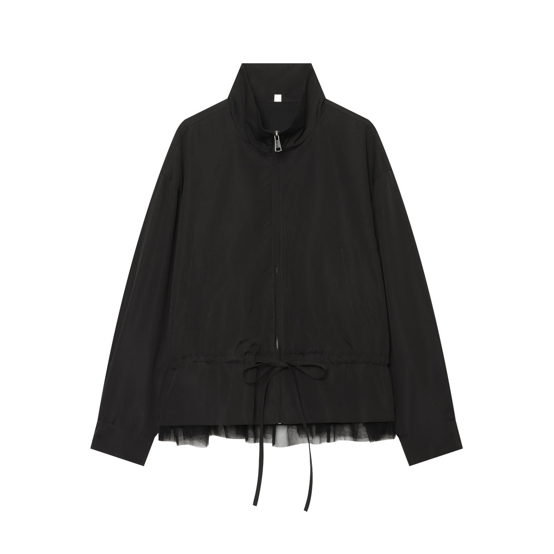 Damen leichte taillierbare Windjacke mit Stehkragen, Tunnelzug und Tüllbesatz Shop Nory